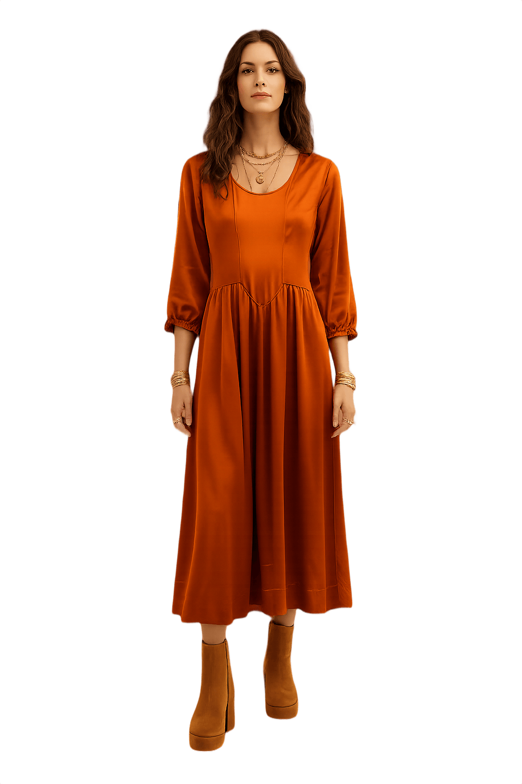 70s Women's Satin Pleated Dress - Orange - Model