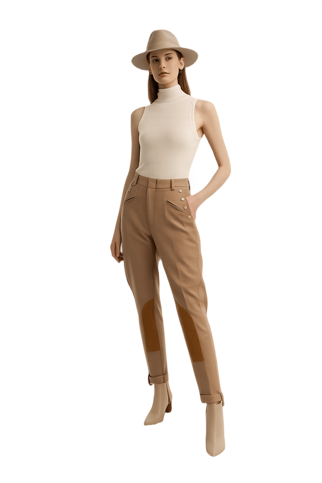 Retro Unisex Tapered Pants with Button Accents - Model