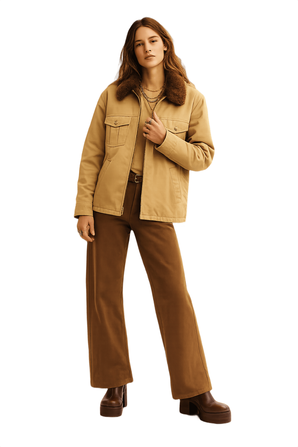 70s Unisex Jacket with Fur Collar - Model