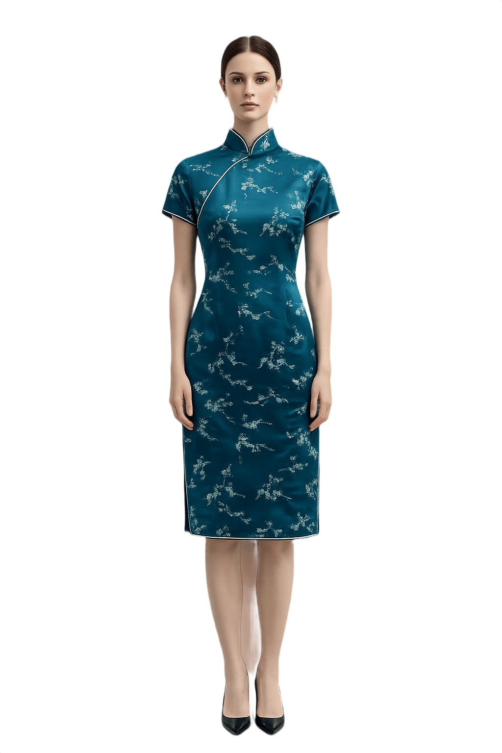 Vintage Teal Silk Dress with Floral Embroidery - Model