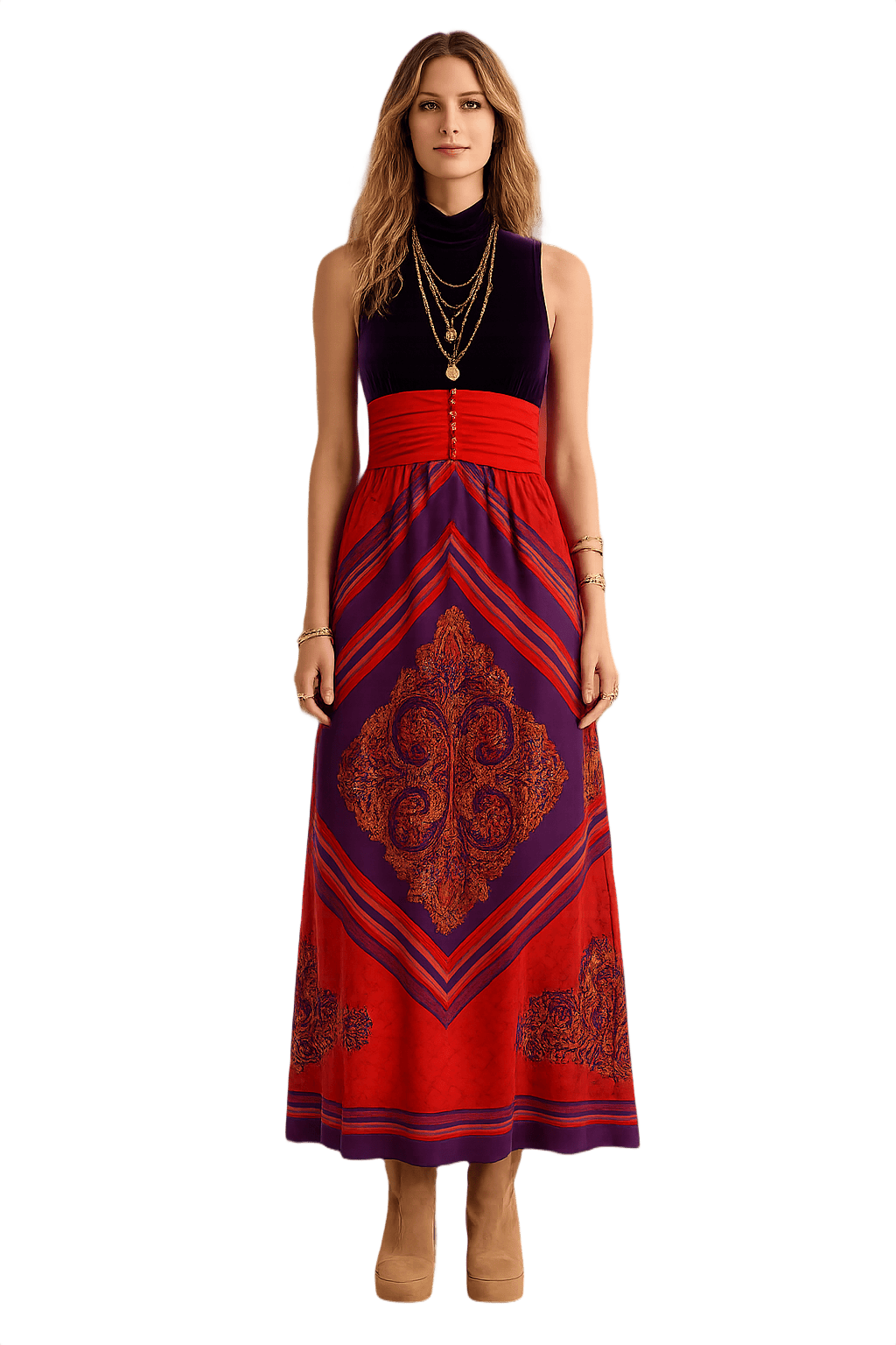 70s Velvet Maxi Dress with Vibrant Paisley Print - Model
