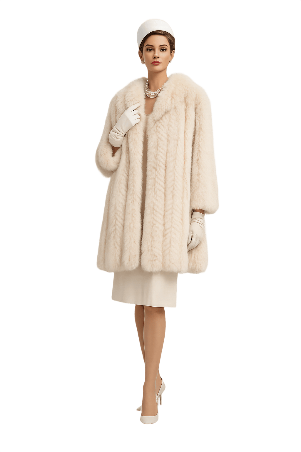 Mid-Century Women's Cream Faux Fur Chevron Coat - Model