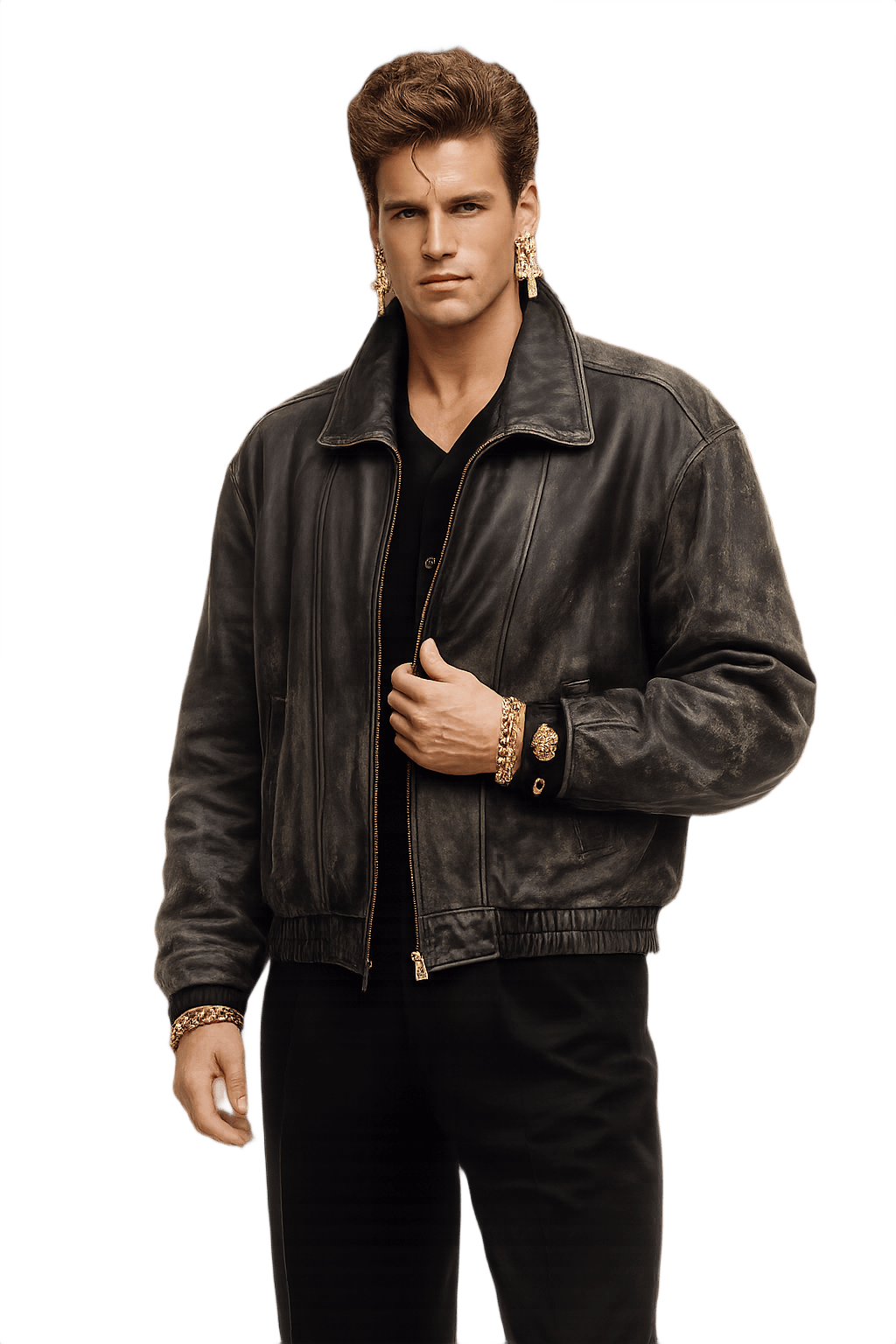 80s Men's Black Leather Bomber Jacket - Model