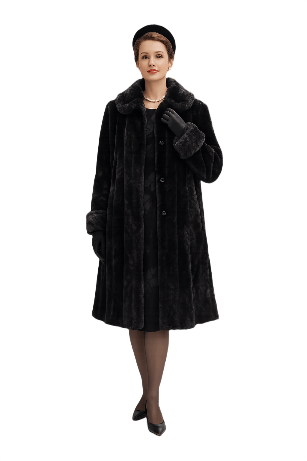Mid-Century Black Fake Fur Coat - Model