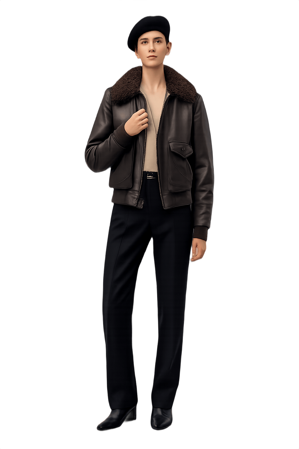 Vintage Leather Jacket with Shearling Collar - Model