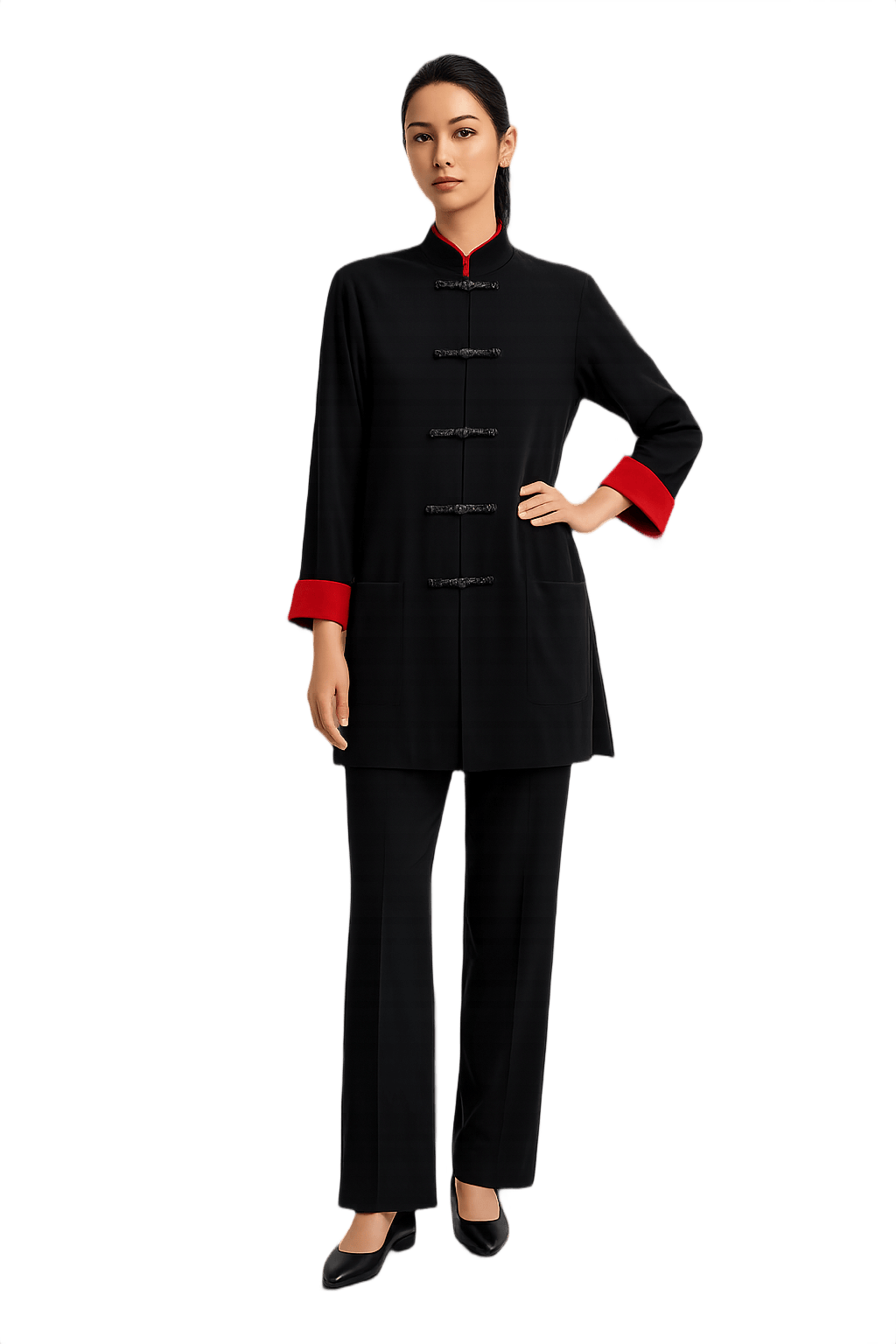 Chic Black Chinese Collar Top - Contemporary Style - Model