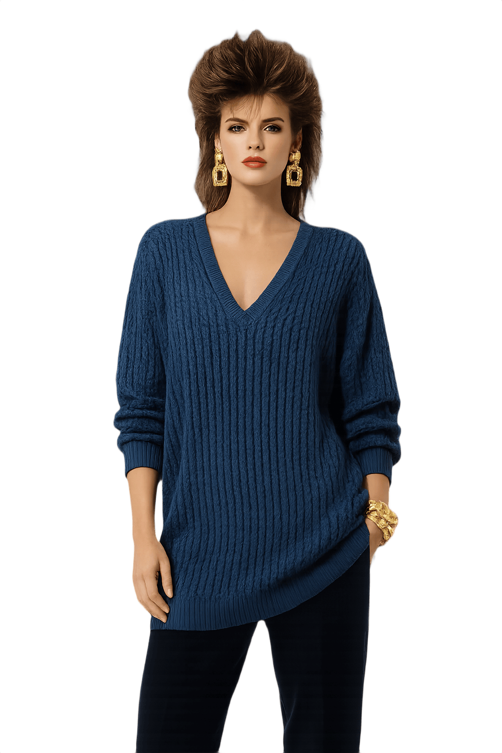 80s Unisex Sweater - Dark Blue V-Neck Knit - Model
