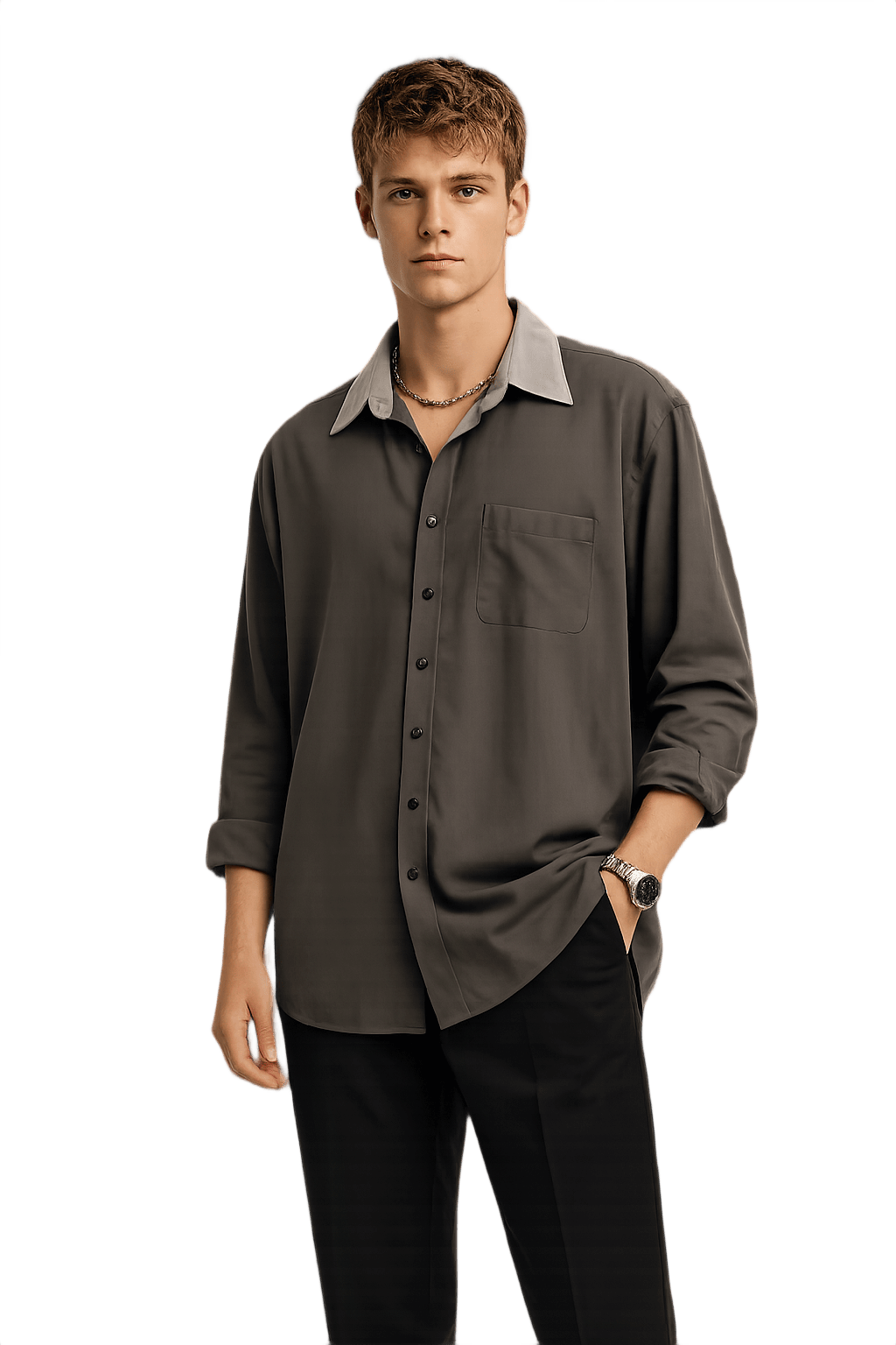 90s Modern Button-Up Shirt in Dark Gray - Model