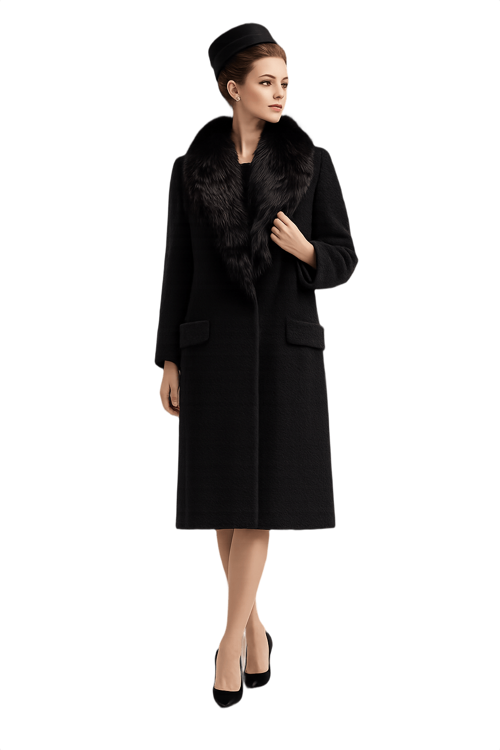 Mid-Century Wool Coat with Fur Collar - Model