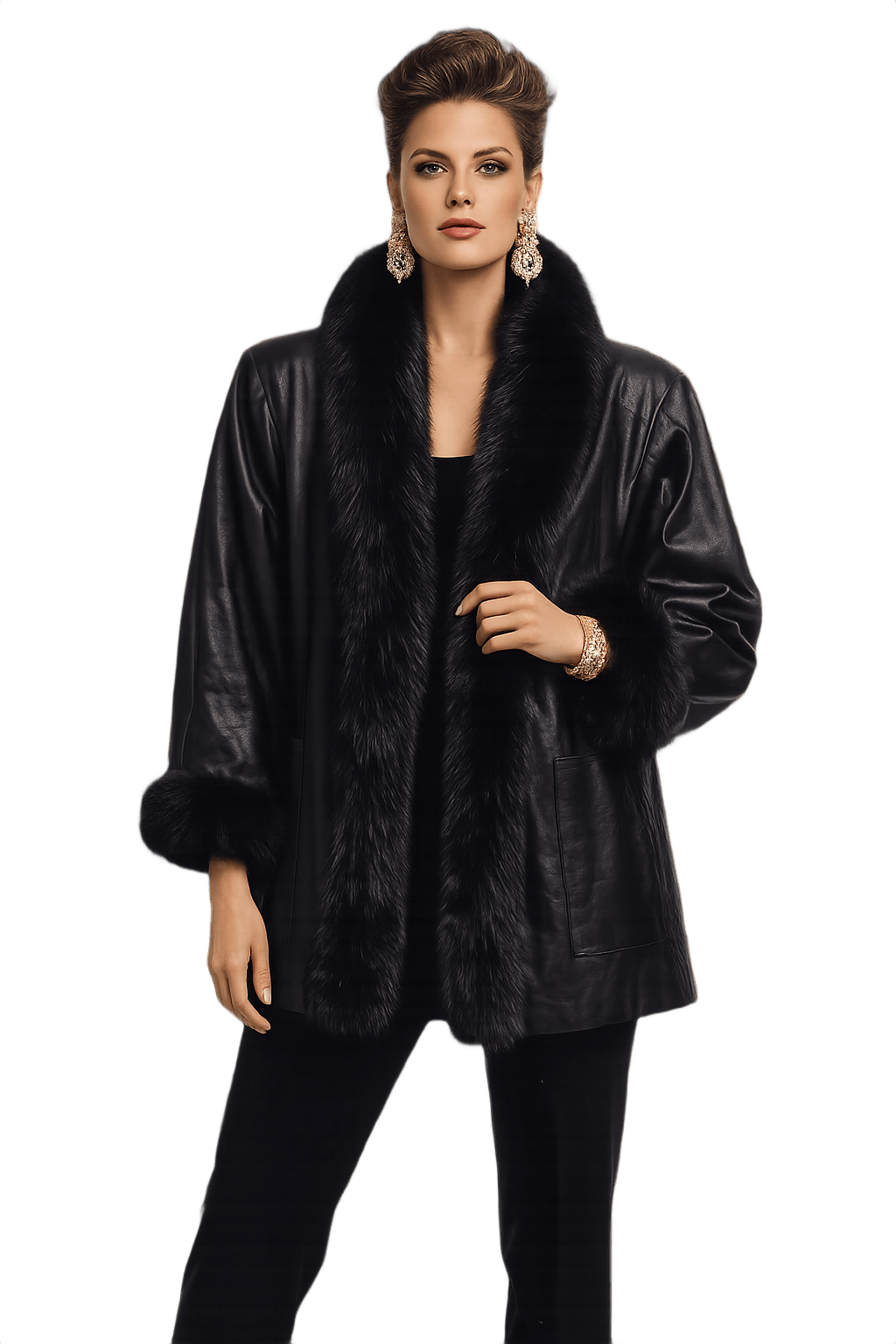 80s Women's Leather Jacket with Fur Collar - Model