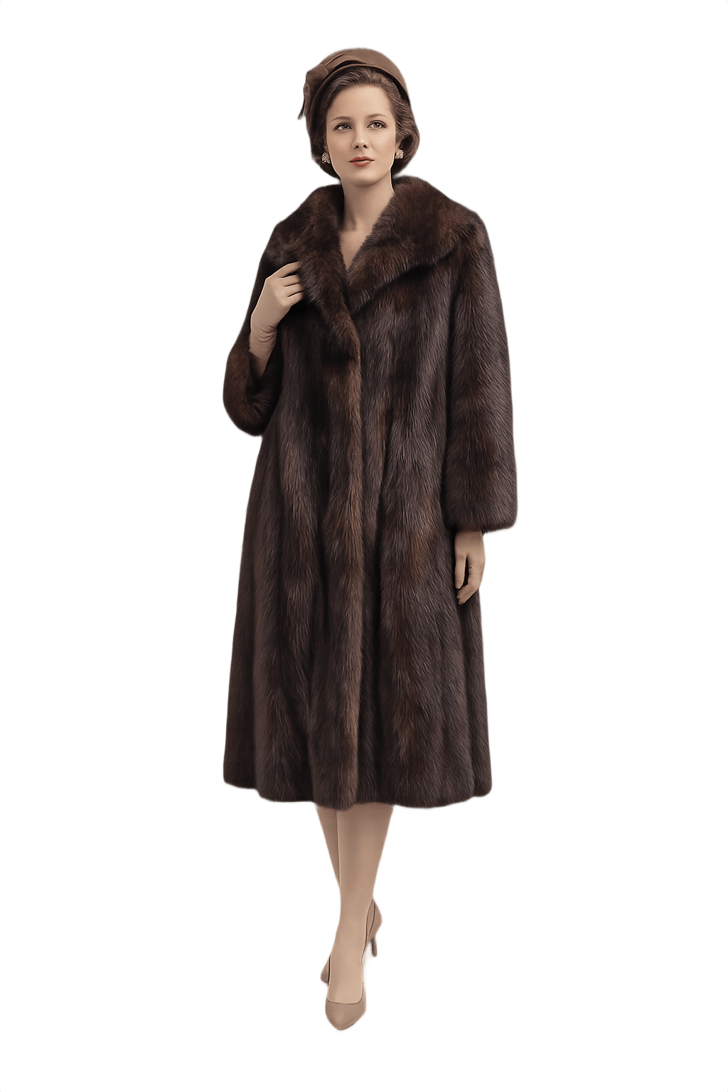 Mid-Century Women's Fur Coat with Hood - Model