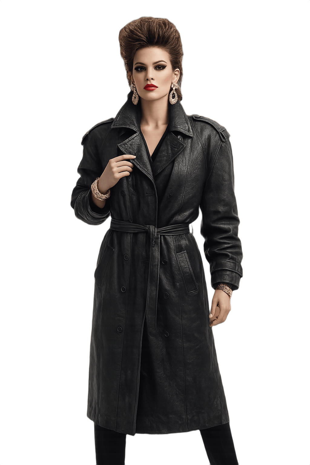80s Unisex Leather Coat - Double-Breasted - Model