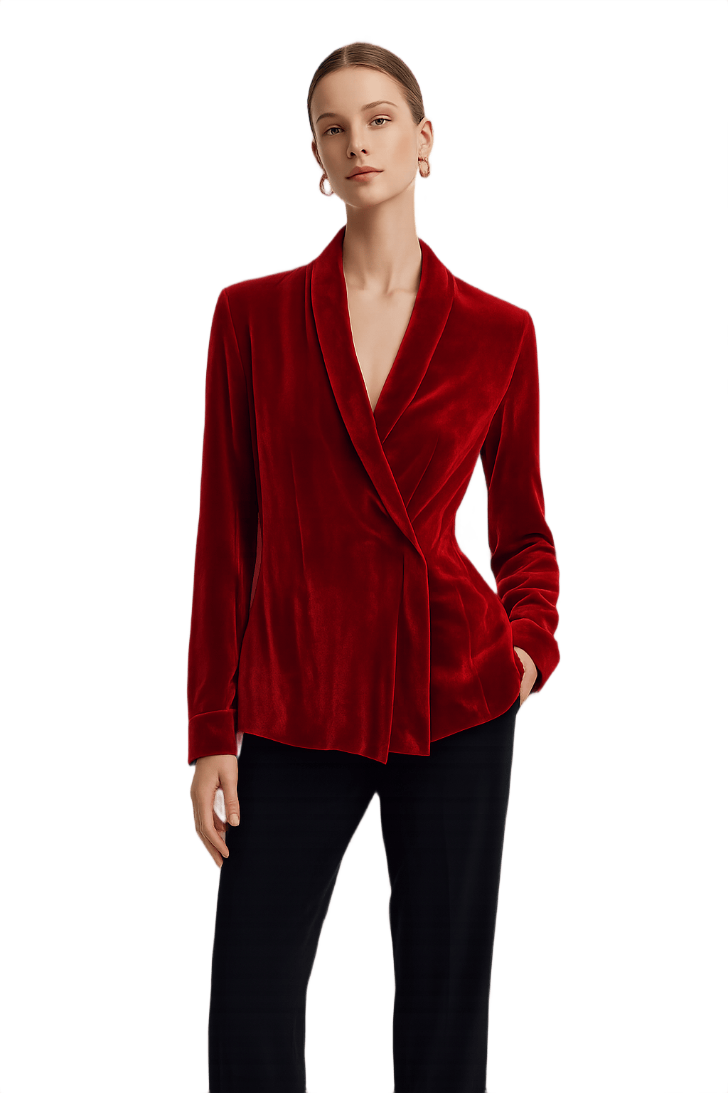 90s Red Velvet Wrap Blouse with Shawl Collar - Model