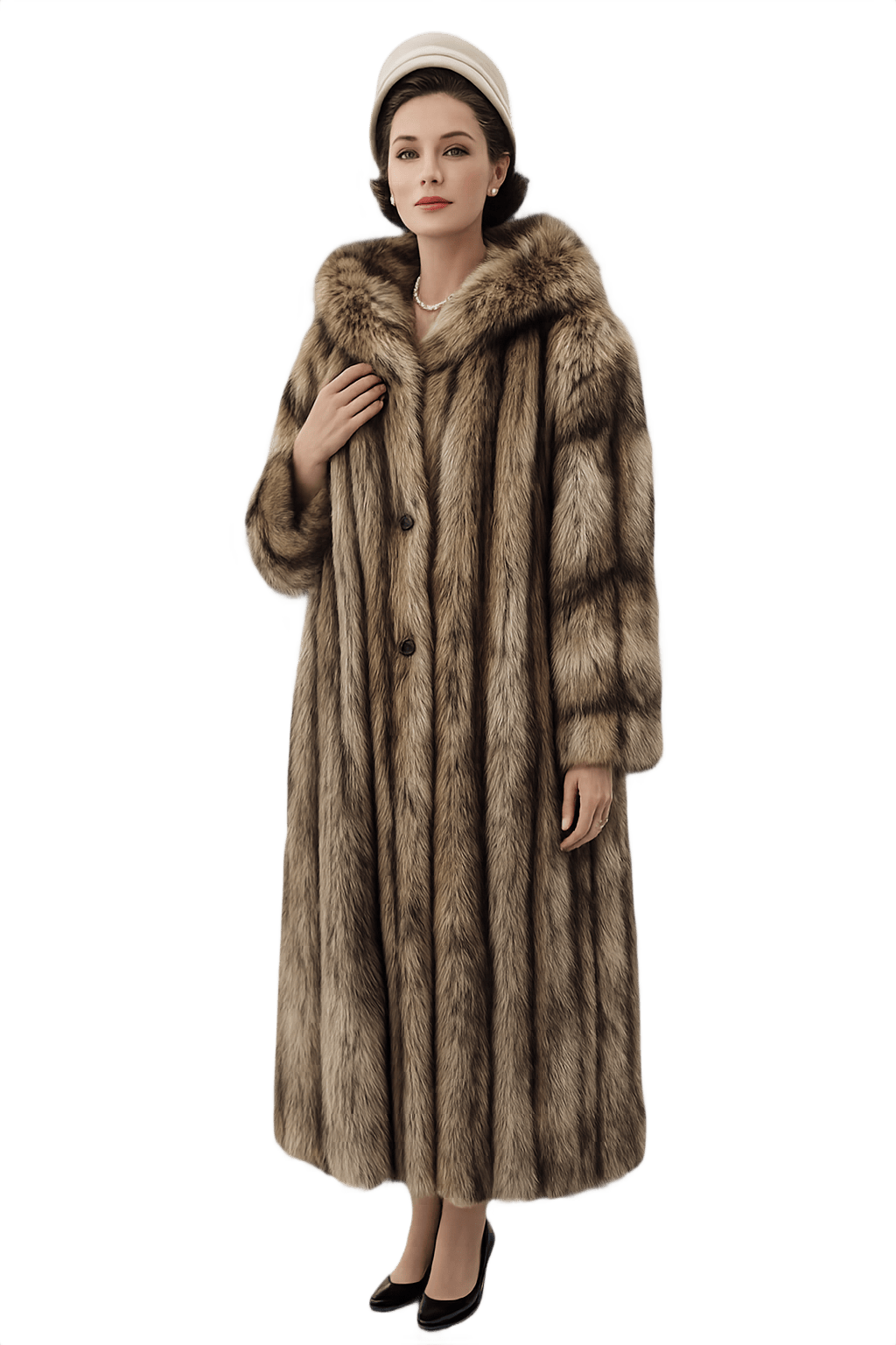 Mid-Century Hooded Fur Coat - Model