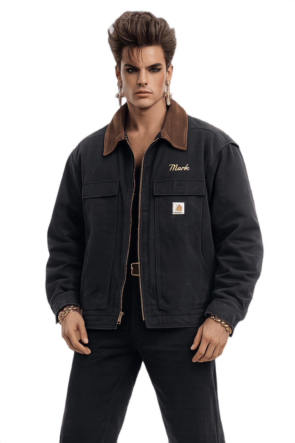 80s Men's Workwear Jacket with Corduroy Collar - Model