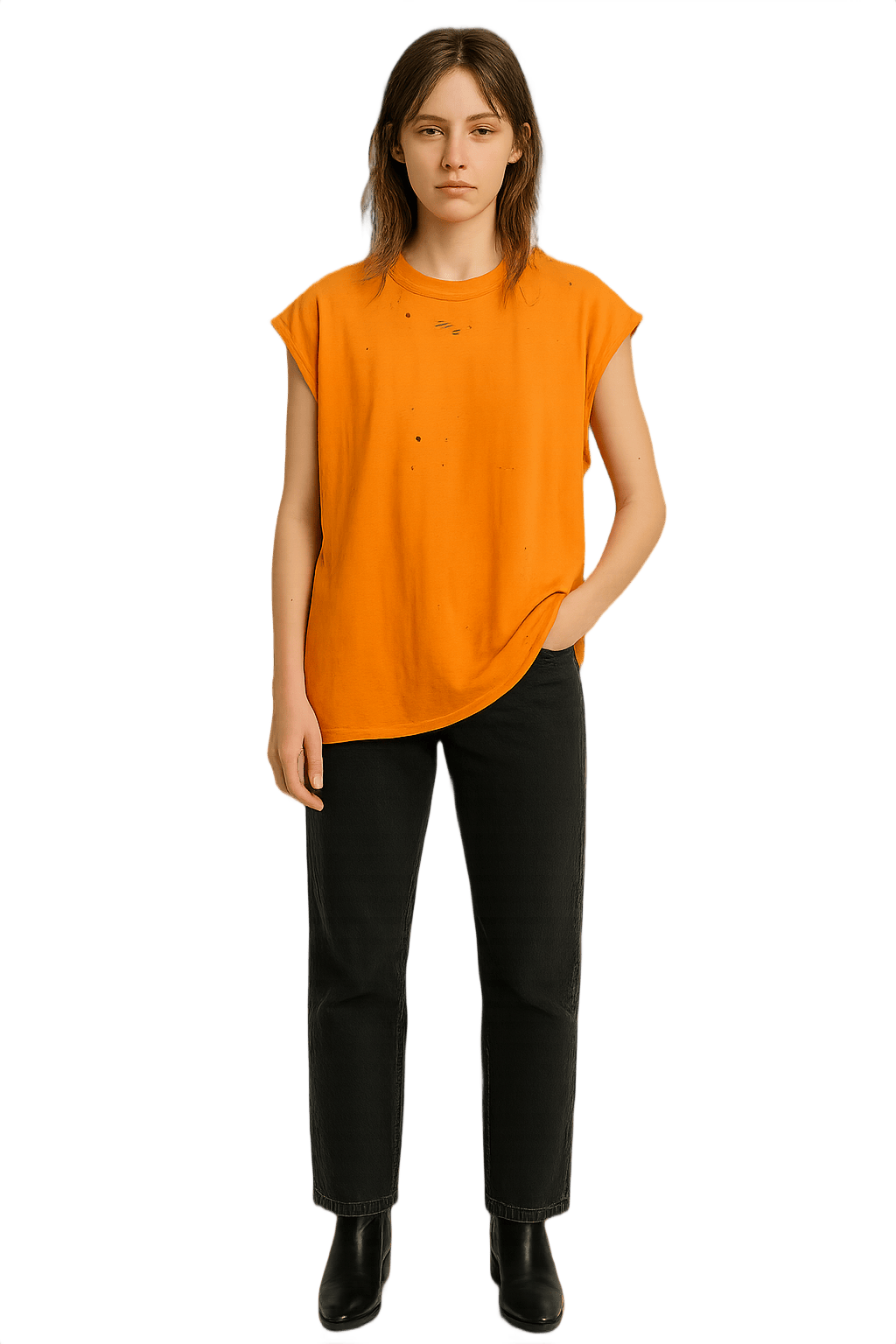 90s Grunge Distressed Orange Sleeveless T-Shirt - Model
