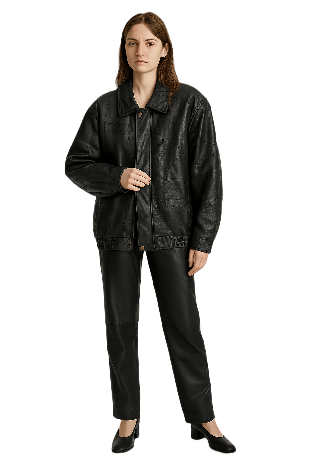 90s Grunge Black Leather Jacket - Boxy Oversized - Model
