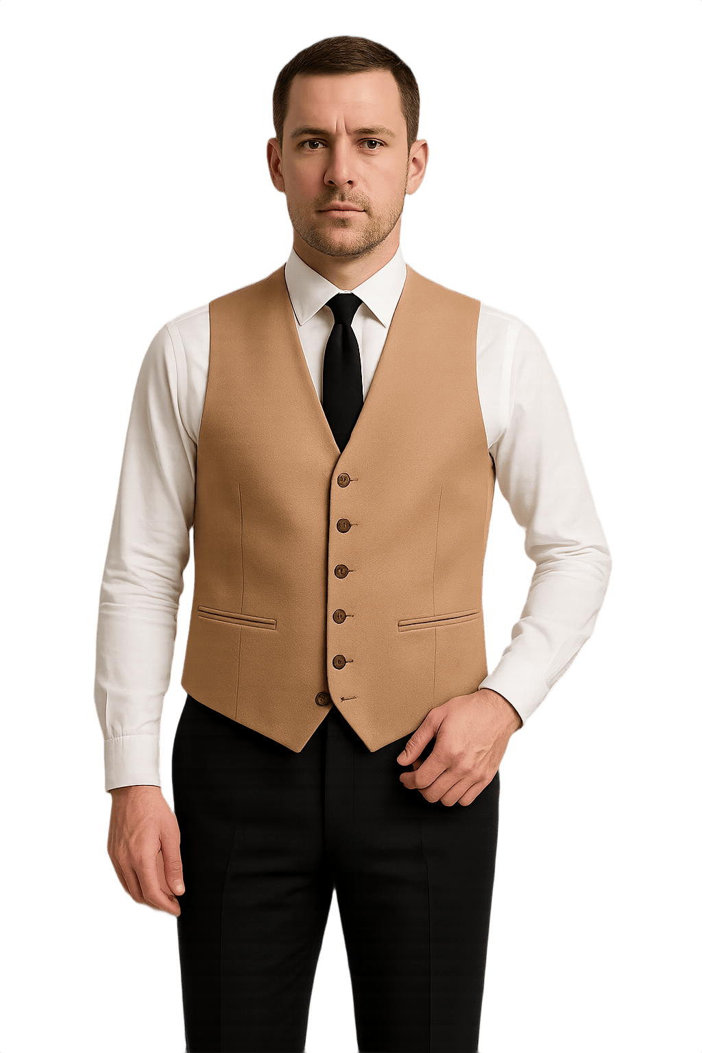 70s Men's Camel Tan Vest with Brassy Buttons - Model