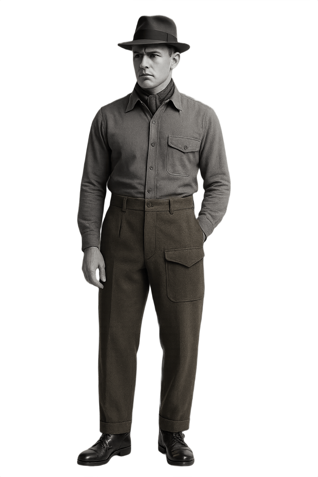 40s Olive Brown Military Trousers - High-Waisted - Model