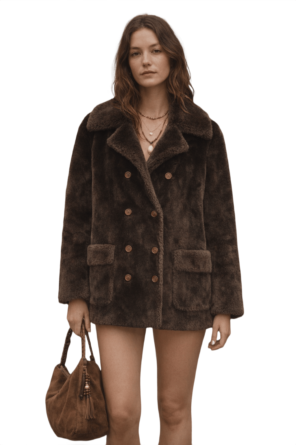 70s Posed Dark Brown Faux Fur Coat - Model