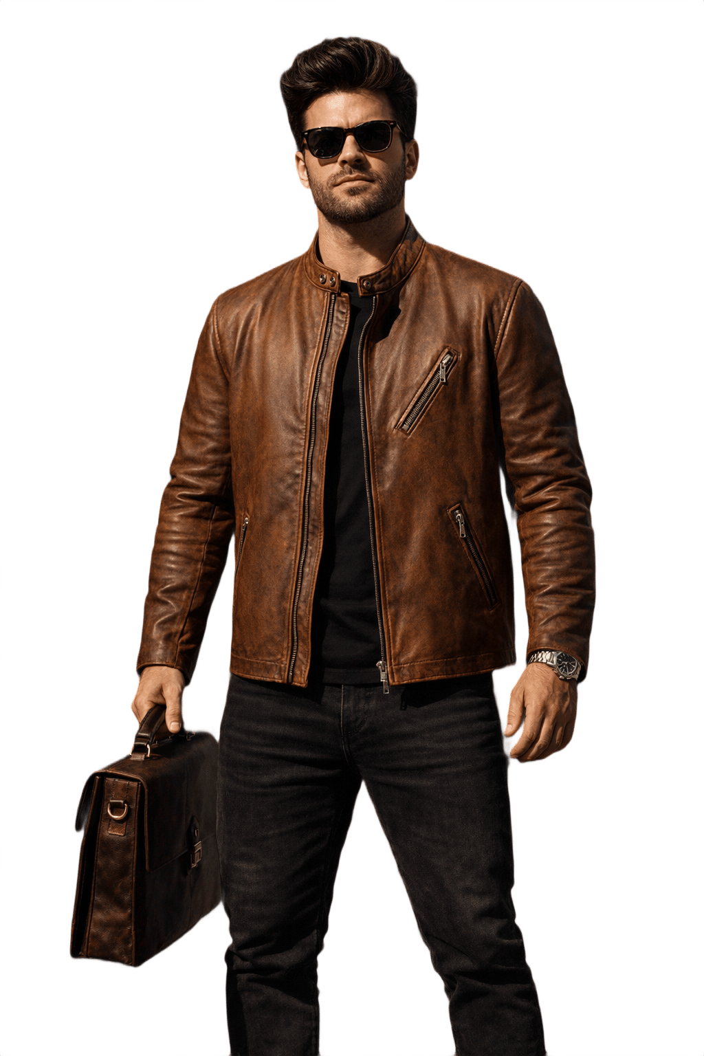 80s Medium Cognac Brown Leather Jacket - Model
