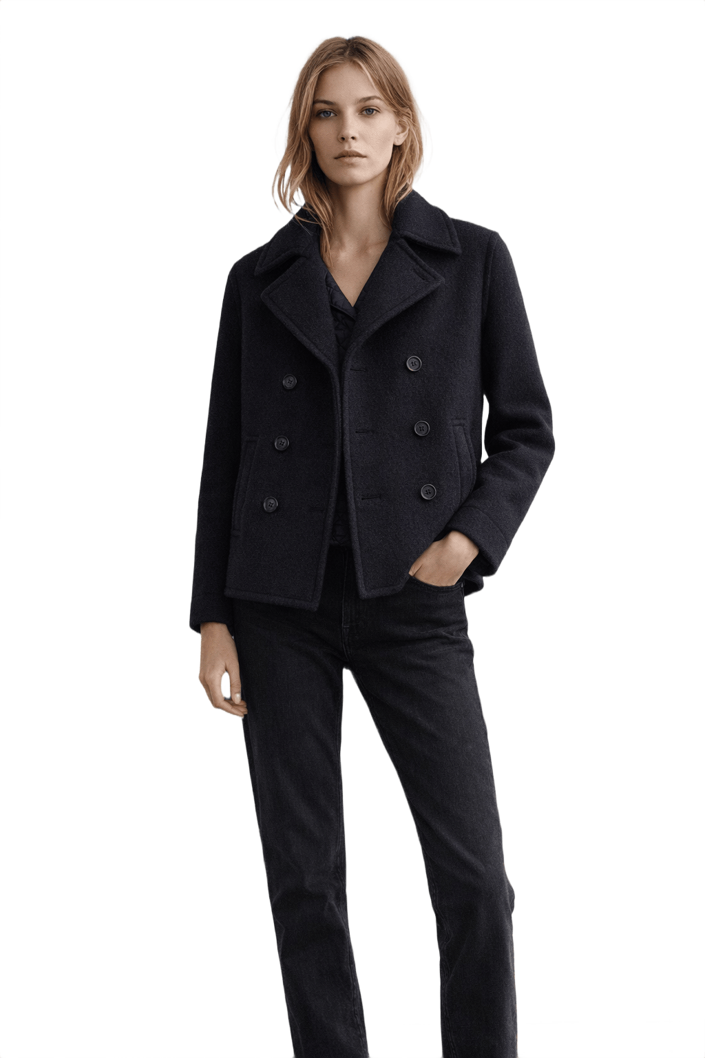 Modern Black Wool Blend Double Breasted Jacket - Model