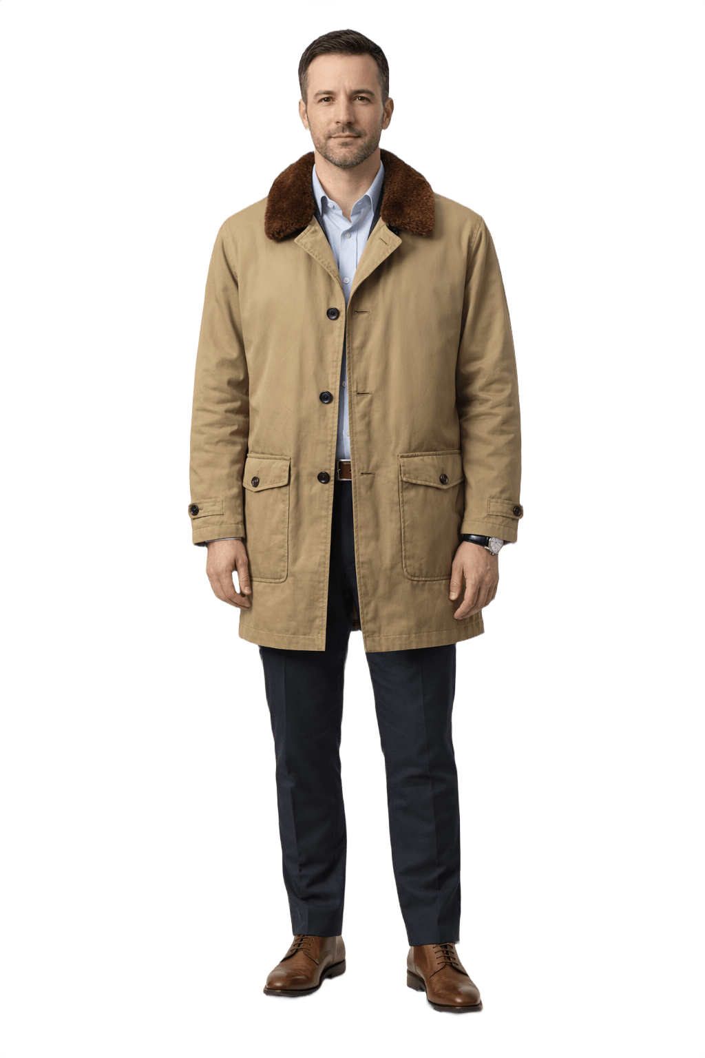 Mid-Century Men’s Khaki Tan Cotton Coat - Model