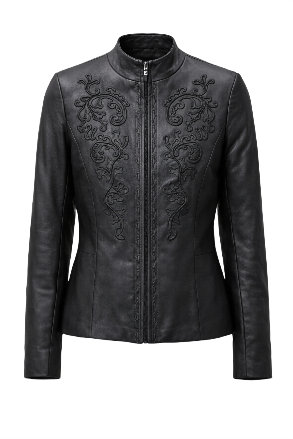 90s Black Leather Fitted Jacket with Embroidery - Front View