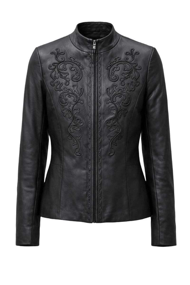 90s Black Leather Fitted Jacket with Embroidery - Front View
