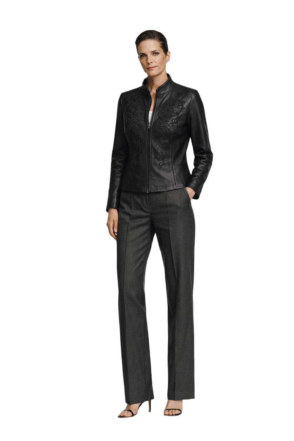 90s Black Leather Fitted Jacket with Embroidery - Model