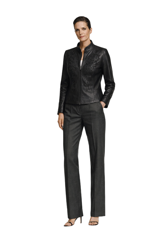 90s Black Leather Fitted Jacket with Embroidery - Model