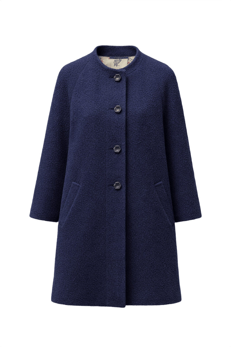Mid-Century Rothmoor Navy Blue Wool Bouclé Coat - Front View