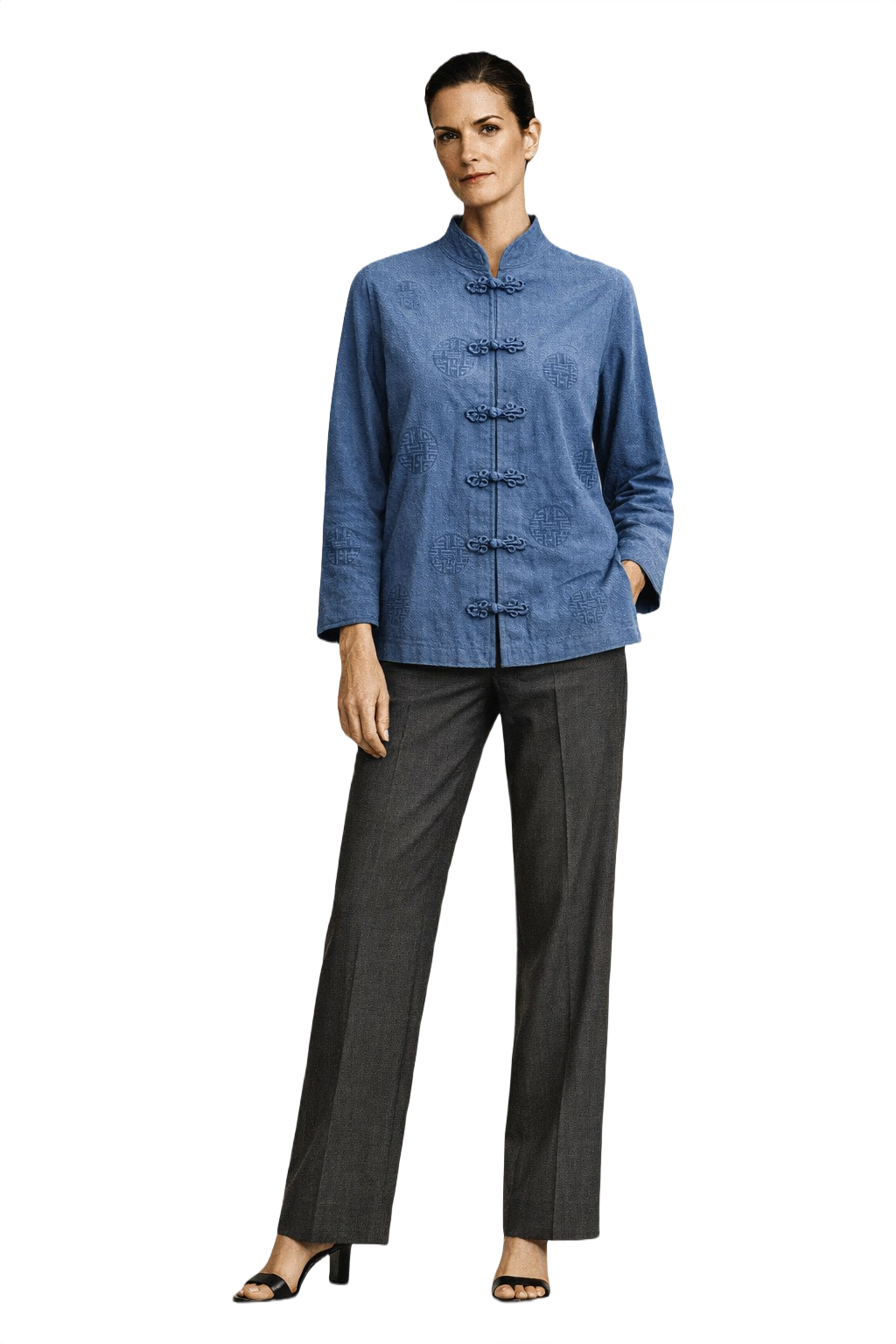 90s GRANDMA MADE IT Royal Blue Satin Brocade Shirt - Model