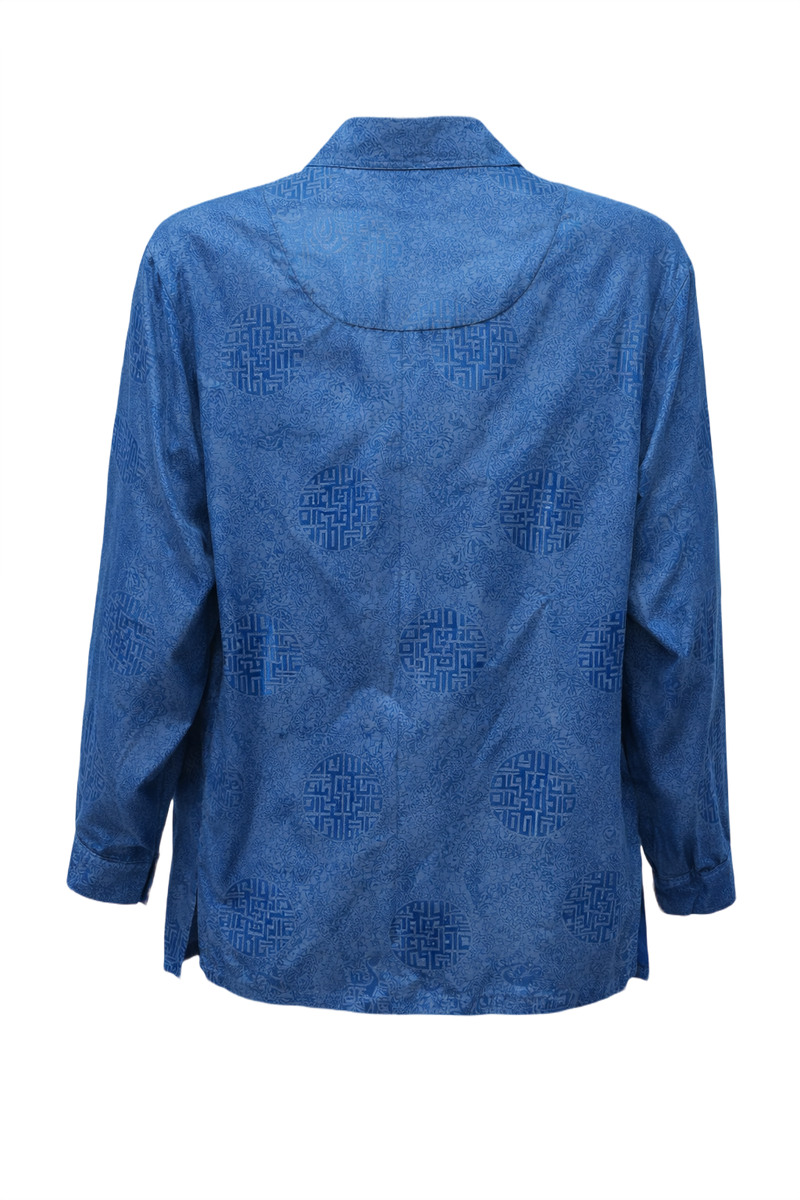 90s GRANDMA MADE IT Royal Blue Satin Brocade Shirt - Back View