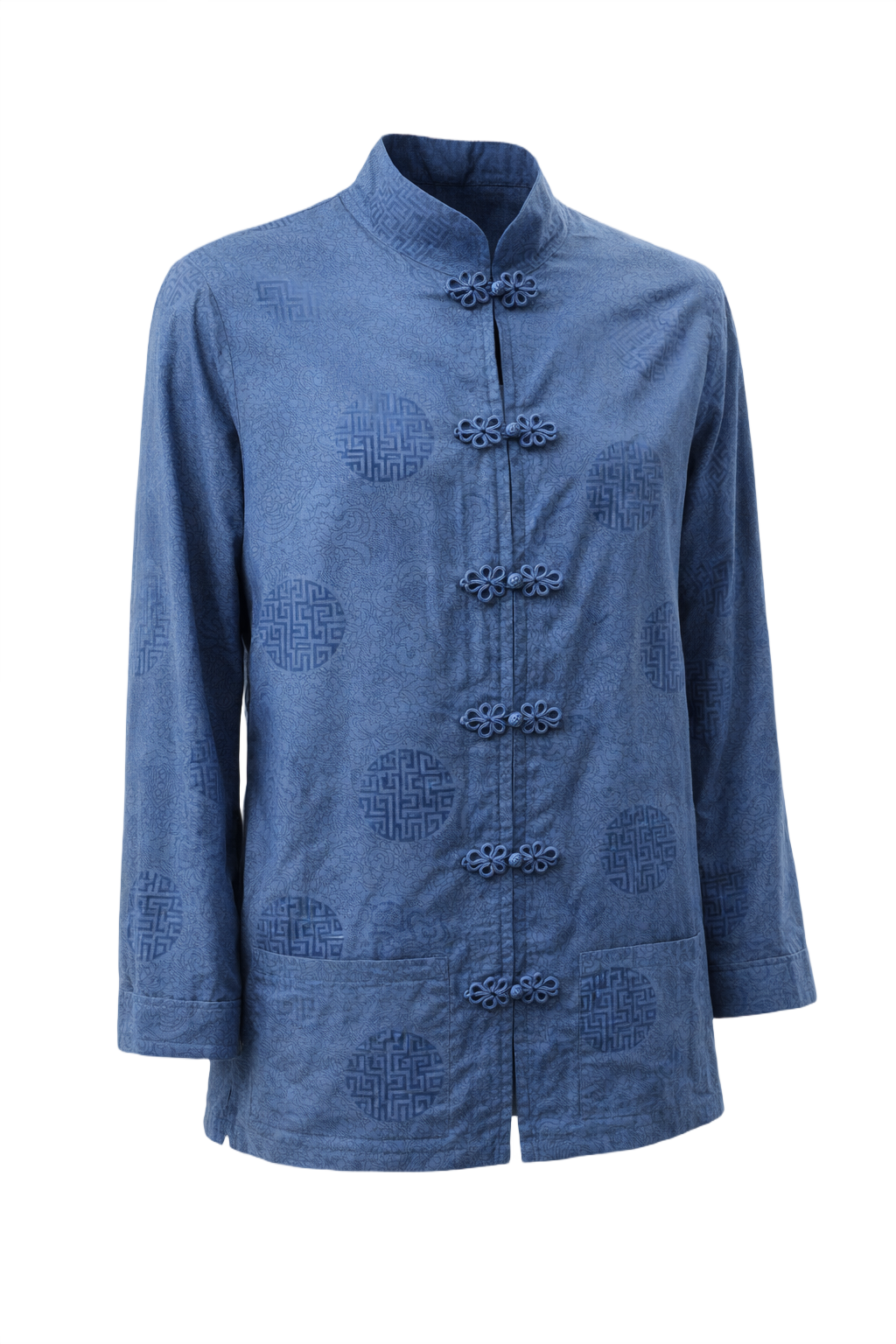 90s GRANDMA MADE IT Royal Blue Satin Brocade Shirt - Front View