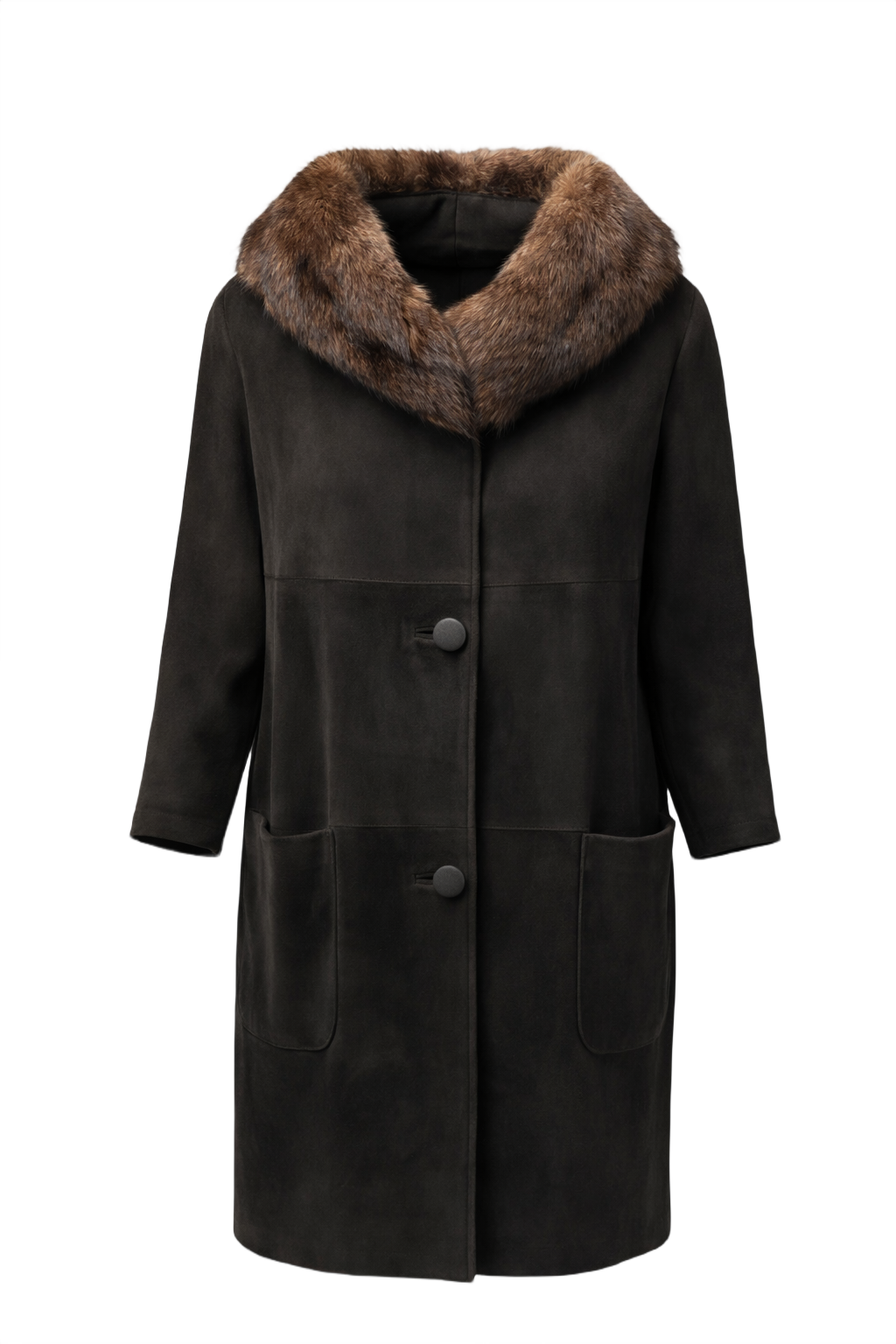 1960s Dark Brown Suede Coat with Mink  Collar - Front View