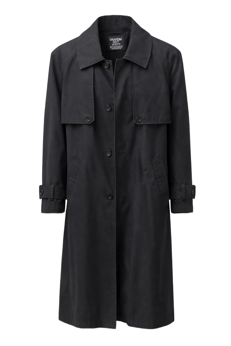 80s Grandma Did It Black Wool Blend Trench Coat - Front View