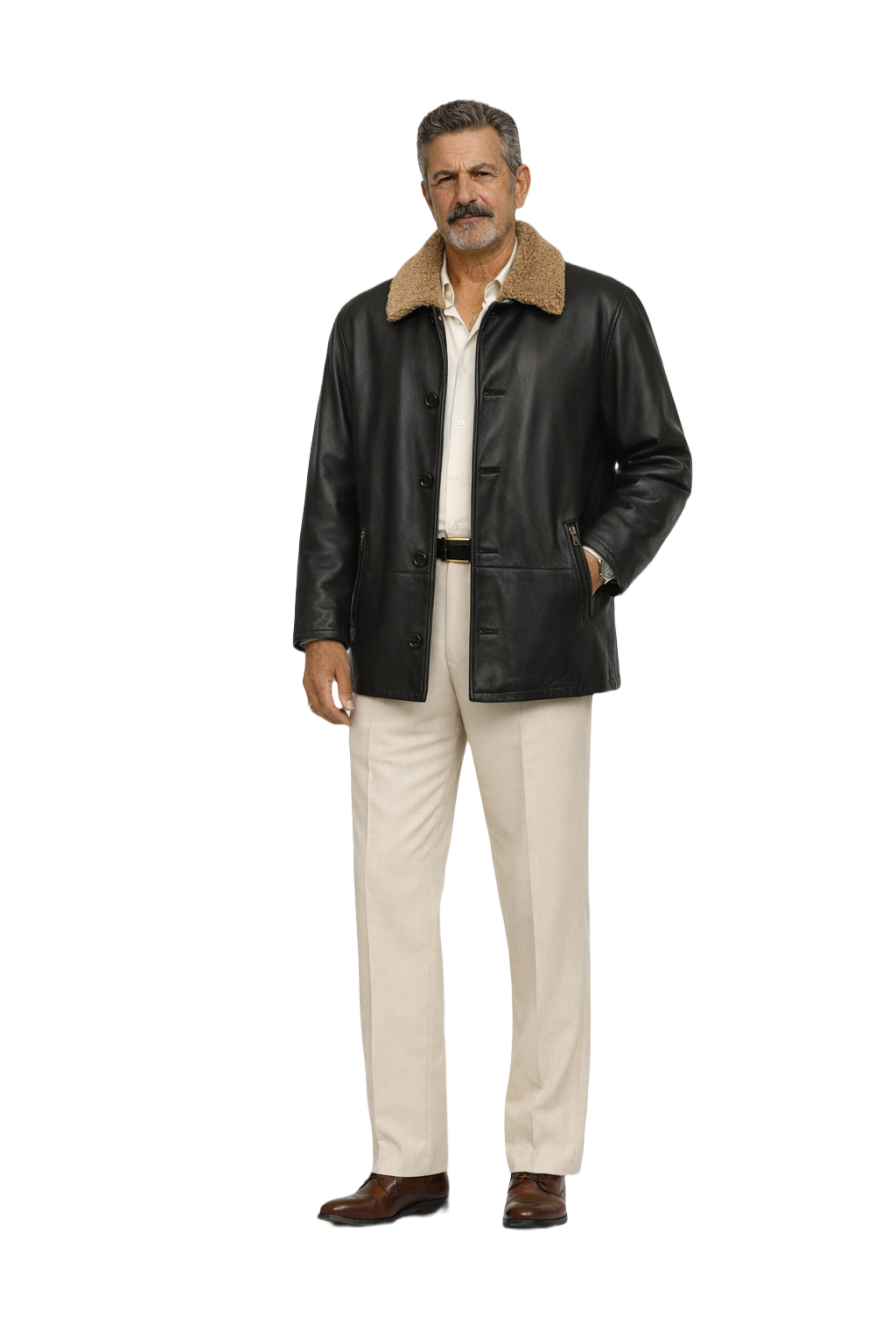 80s Black Leather Jacket with Beige Fur Collar