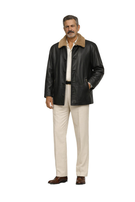 80s Black Leather Jacket with Beige Fur Collar