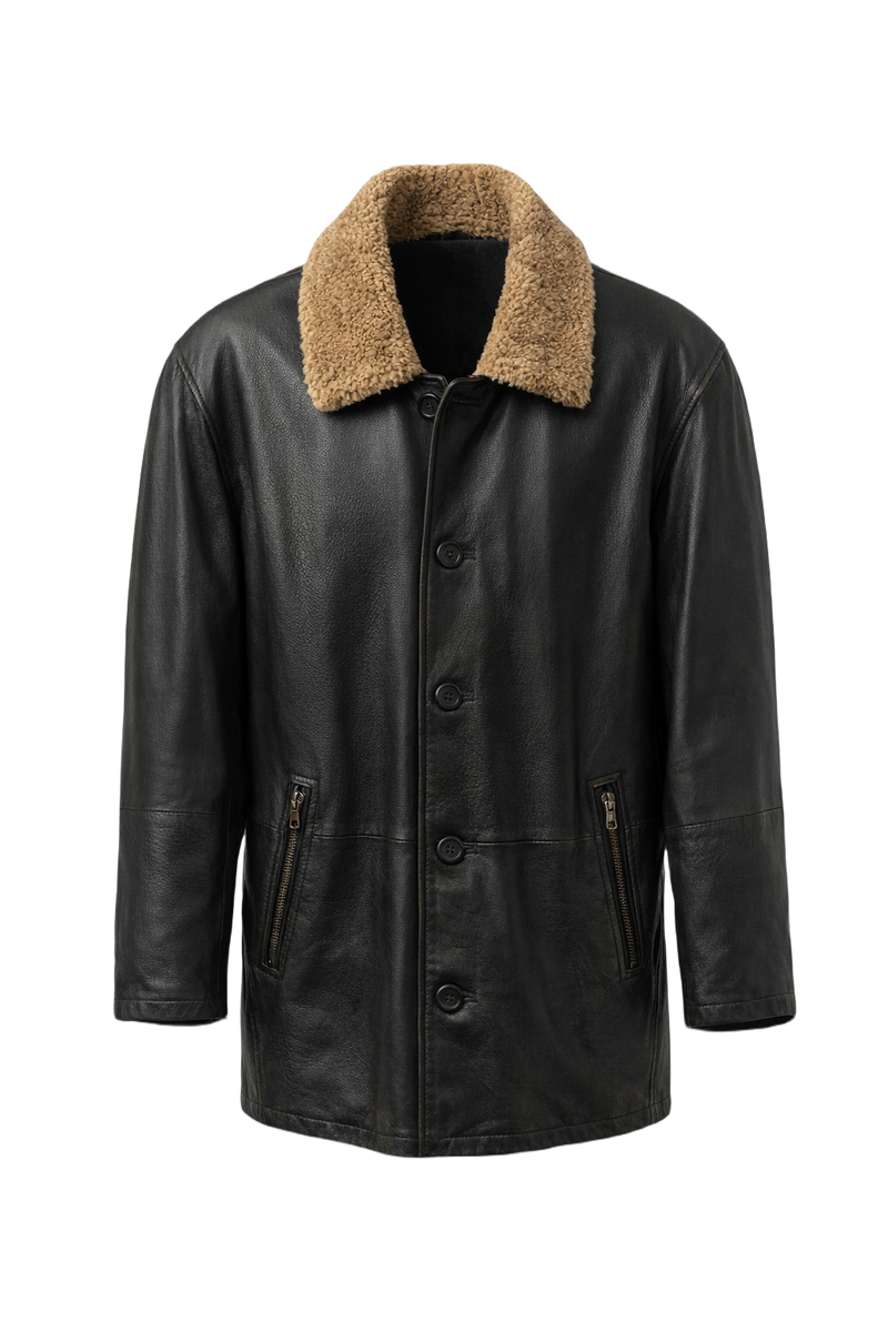 80s Black Leather Jacket with Beige Fur Collar - Front View