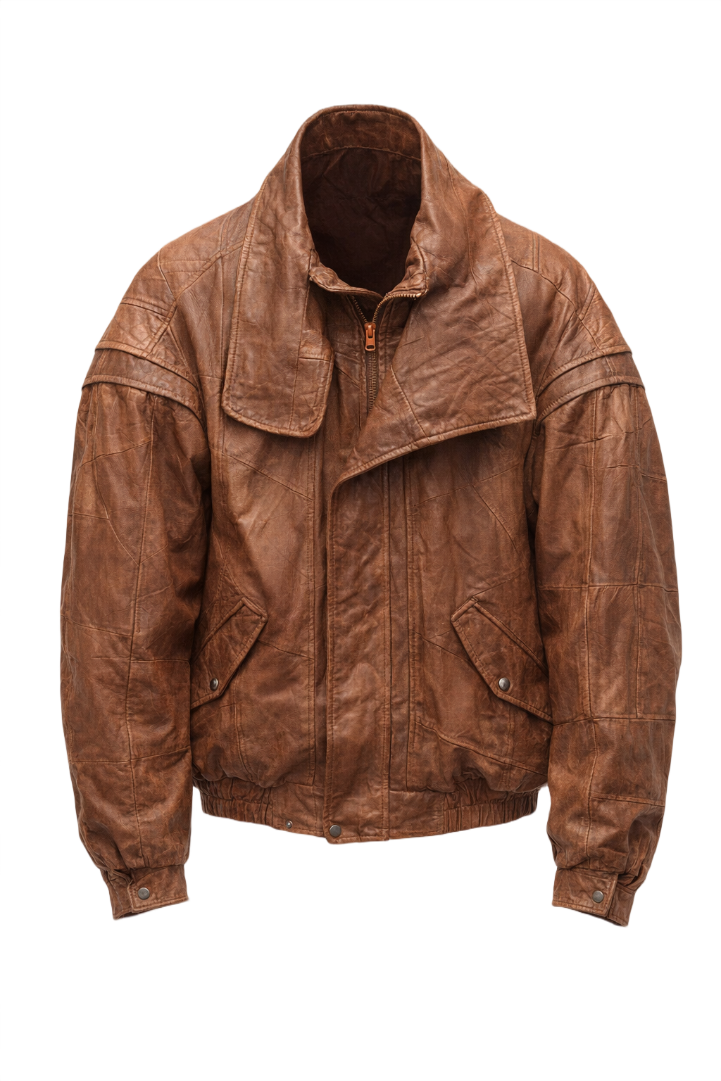 80s GRANDMA DID IT BETTER Brown Leather Oversized Jacket - Front View