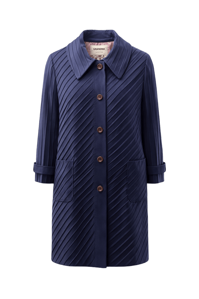 70s GRANDMA Navy Blue Polyester Coat - Front View