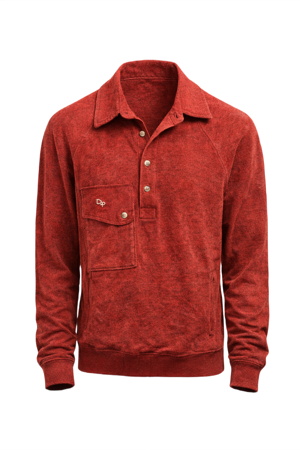 80s Deep Red Polyester Velour Jacket - Front View