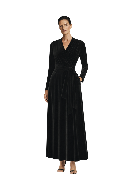 80s Black Velvet Wrap Dress - Model