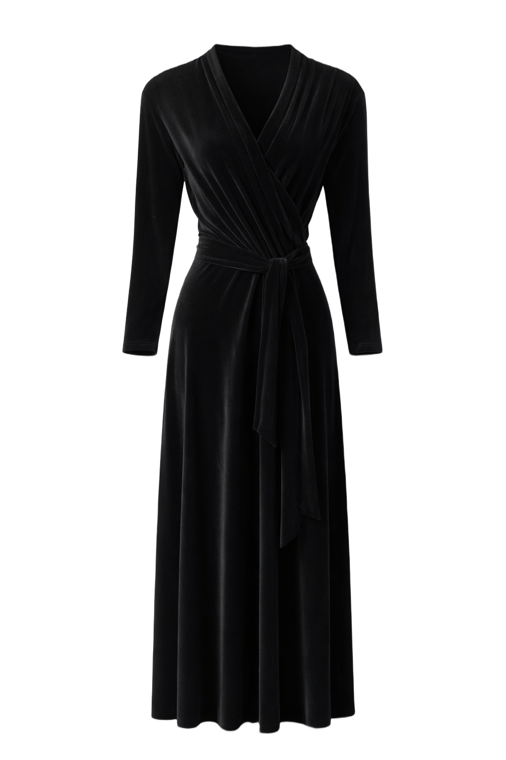 80s Black Velvet Wrap Dress - Front View