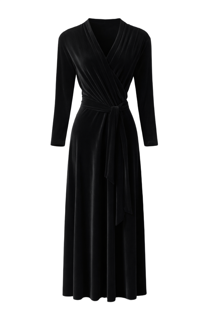 80s Black Velvet Wrap Dress - Front View