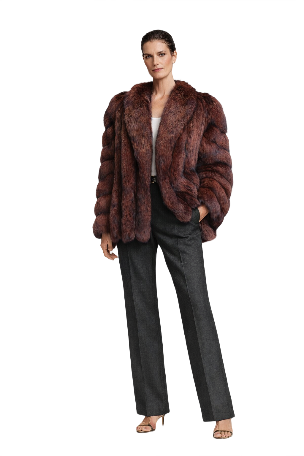 1990s Deep Burgundy Saga Fox Fur Coat - Model