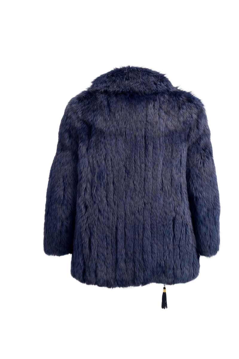 1990s Navy Blue Faux Fur Fur Coat - Back View