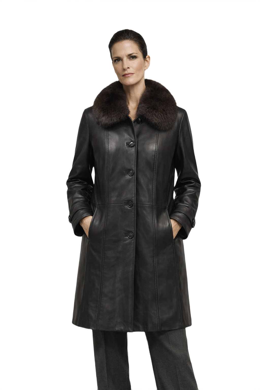 1990s Black Leather Coat with Fur Collar - Model
