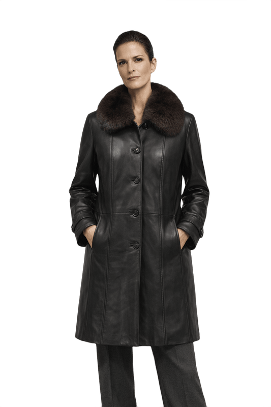 1990s Black Leather Coat with Fur Collar - Model